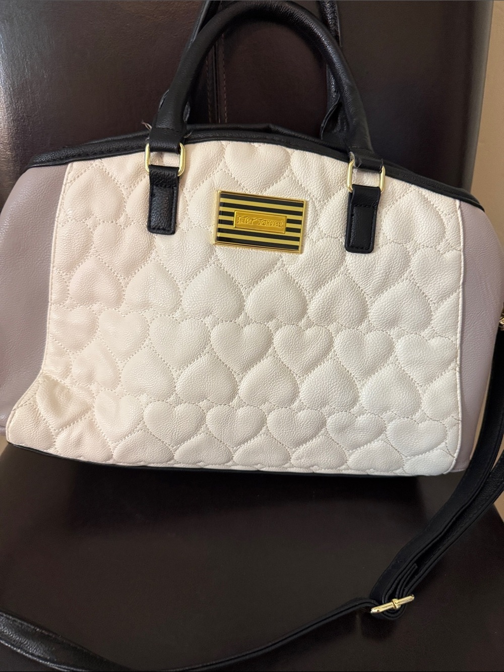 Betsey Johnson Quilted Heart Satchel in Cream, Black and taupe